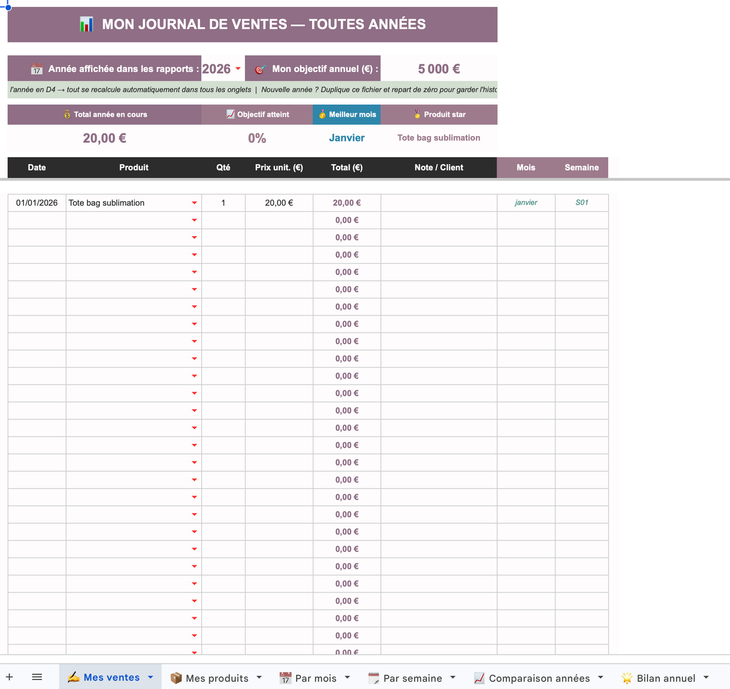 Fichier numérique – Tableau de bord annuel | Suivi des ventes automatique